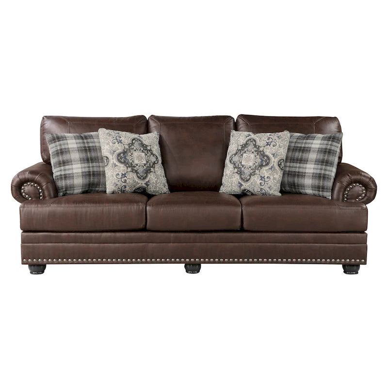 Canapé 3 places de 98", revêtement en microfibre marron riche, garniture cloutée, 4 coussins, pieds en bois massif