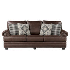 Canapé 3 places de 98", revêtement en microfibre marron riche, garniture cloutée, 4 coussins, pieds en bois massif