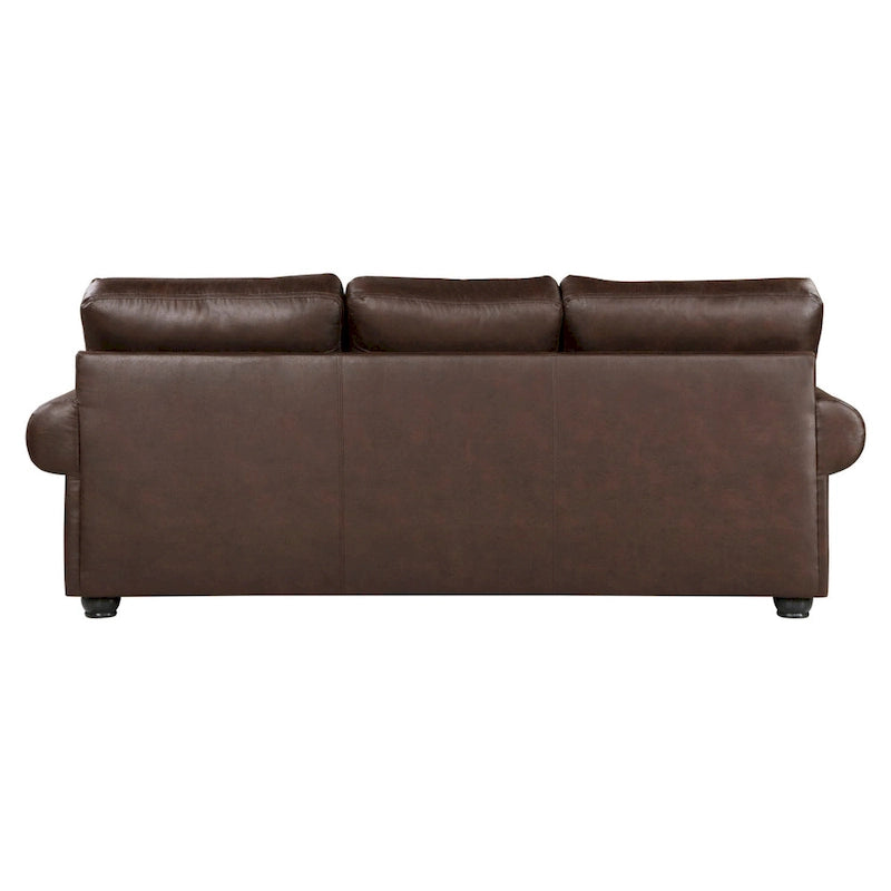 Canapé 3 places de 98", revêtement en microfibre marron riche, garniture cloutée, 4 coussins, pieds en bois massif