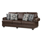 Canapé 3 places de 98", revêtement en microfibre marron riche, garniture cloutée, 4 coussins, pieds en bois massif