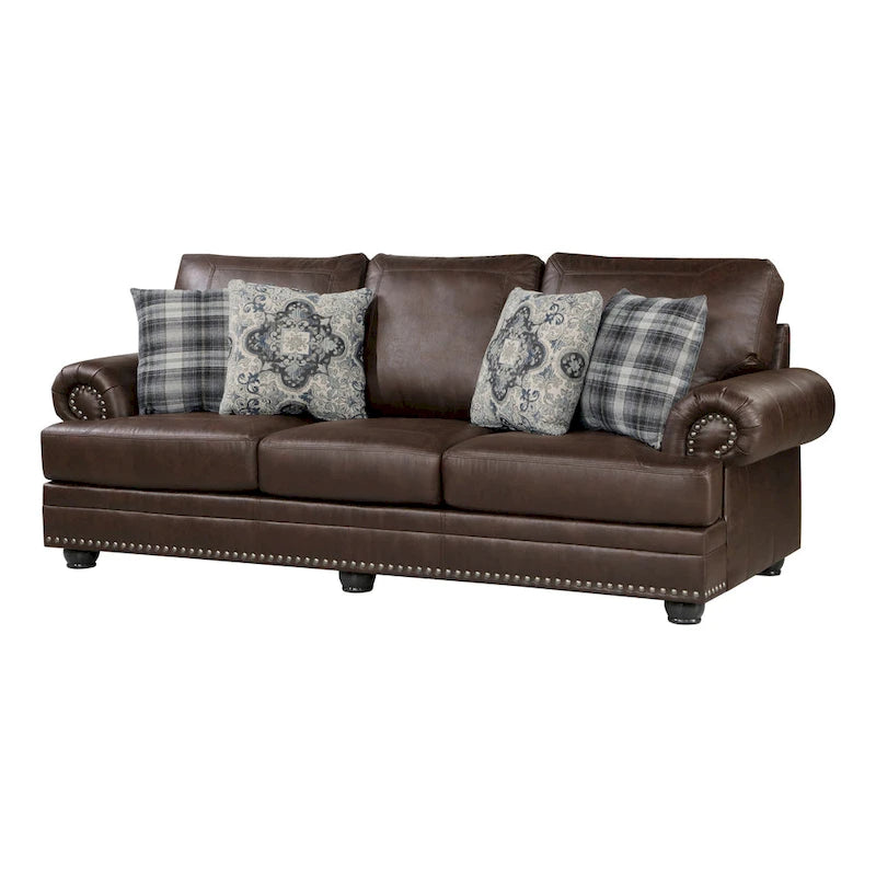 Canapé 3 places de 98", revêtement en microfibre marron riche, garniture cloutée, 4 coussins, pieds en bois massif