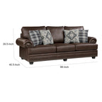 Canapé 3 places de 98", revêtement en microfibre marron riche, garniture cloutée, 4 coussins, pieds en bois massif