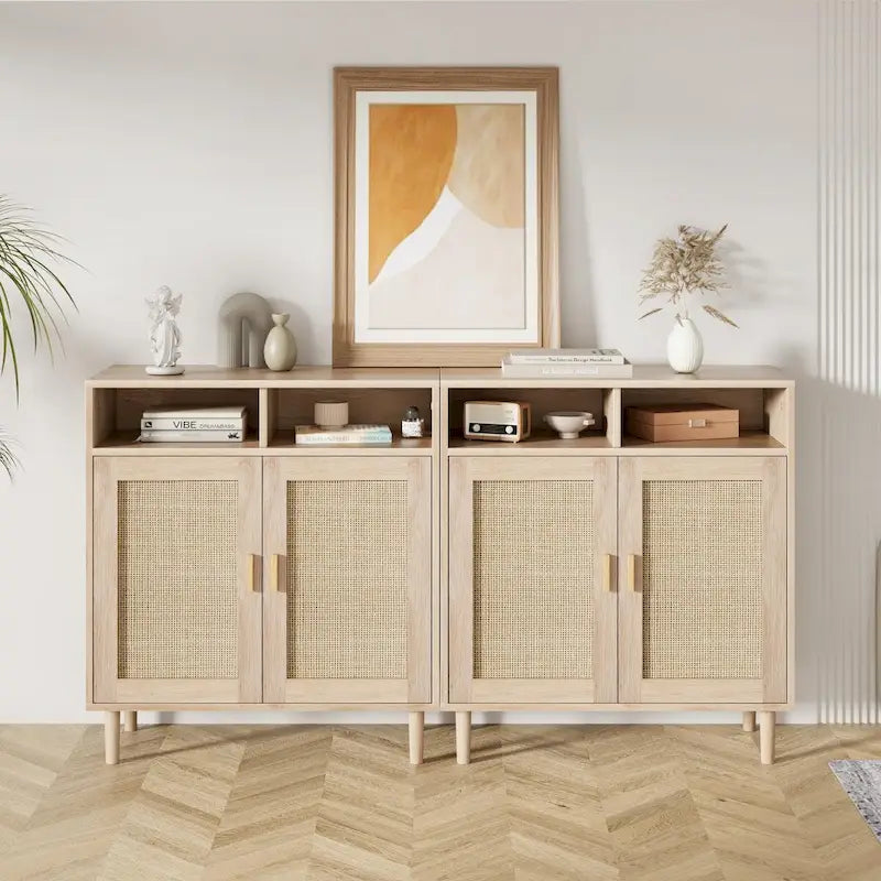 Buffet moderne en rotin, texture tressée naturelle, 160 cm (L) x 40 cm (P) x 92 cm (H), portes de rangement