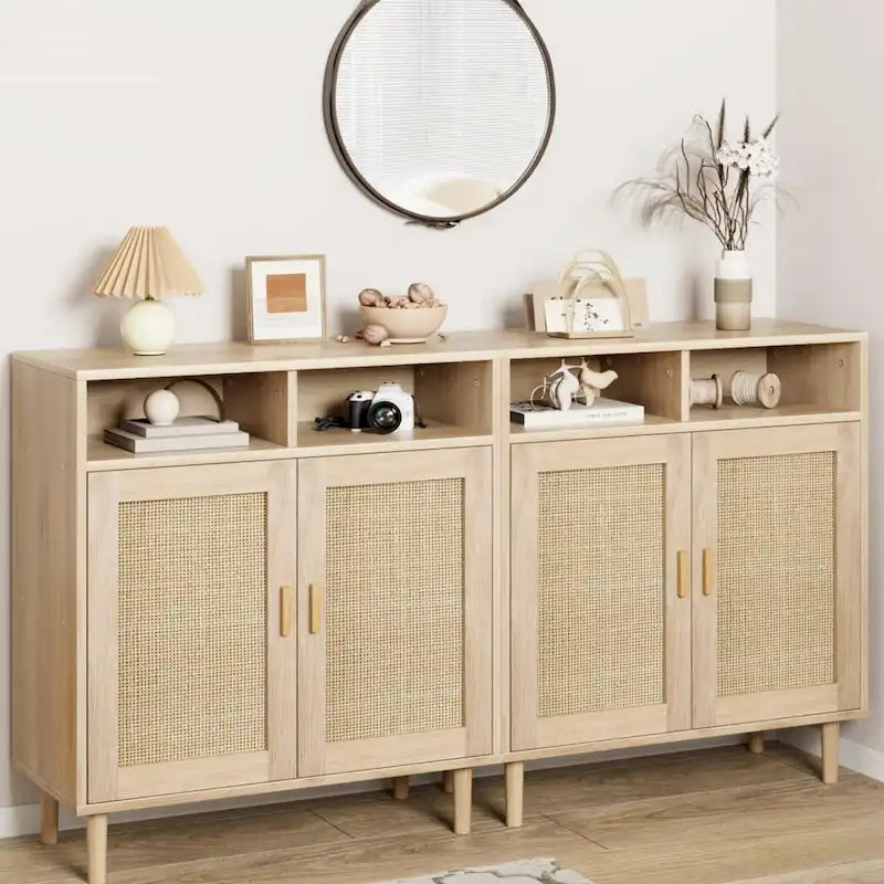 Buffet moderne en rotin, texture tressée naturelle, 160 cm (L) x 40 cm (P) x 92 cm (H), portes de rangement