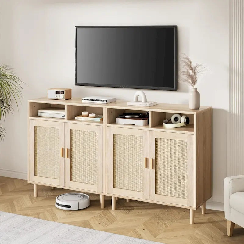 Buffet moderne en rotin, texture tressée naturelle, 160 cm (L) x 40 cm (P) x 92 cm (H), portes de rangement