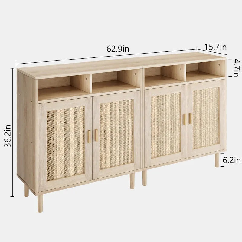 Buffet moderne en rotin, texture tressée naturelle, 160 cm (L) x 40 cm (P) x 92 cm (H), portes de rangement
