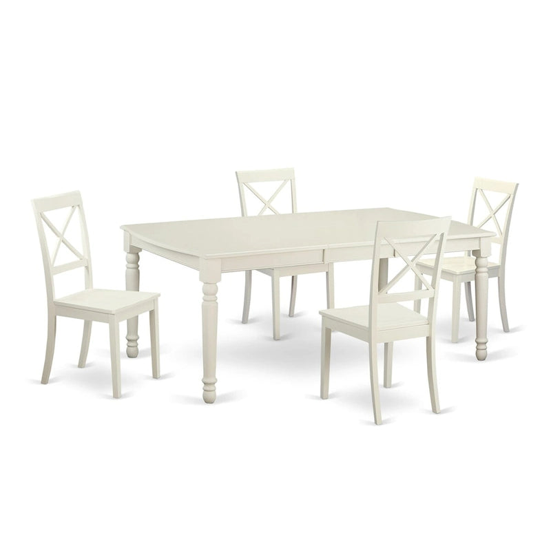Ensemble table et 4 chaises de salle à manger 5 pièces, table rectangulaire et 4 chaises, en bois d'hévéa massif, finition blanc lin