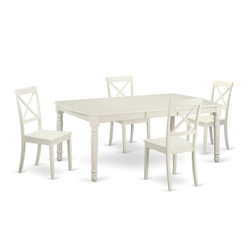 Ensemble table et 4 chaises de salle à manger 5 pièces, table rectangulaire et 4 chaises, en bois d'hévéa massif, finition blanc lin