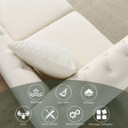 Canapé 3 places Chesterfield en velours beige, accoudoirs arrondis, garniture cloutée, structure en bois