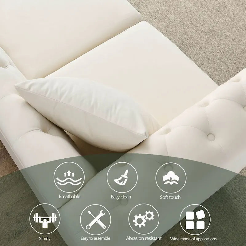 Canapé 3 places Chesterfield en velours beige, accoudoirs arrondis, garniture cloutée, structure en bois