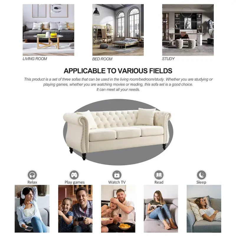 Canapé 3 places Chesterfield en velours beige, accoudoirs arrondis, garniture cloutée, structure en bois