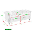 Canapé 3 places Chesterfield en velours beige, accoudoirs arrondis, garniture cloutée, structure en bois