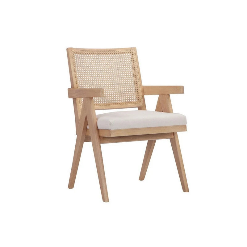 Fauteuil 24" avec dossier en cannage, revêtement en velours blanc cassé, cadre en bois massif marron, chaise d'appoint