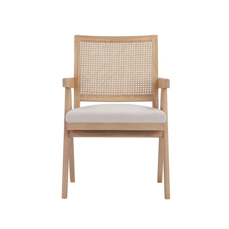 Fauteuil 24" avec dossier en cannage, revêtement en velours blanc cassé, cadre en bois massif marron, chaise d'appoint