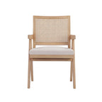 Fauteuil 24" avec dossier en cannage, revêtement en velours blanc cassé, cadre en bois massif marron, chaise d'appoint