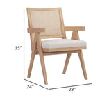 Fauteuil 24" avec dossier en cannage, revêtement en velours blanc cassé, cadre en bois massif marron, chaise d'appoint
