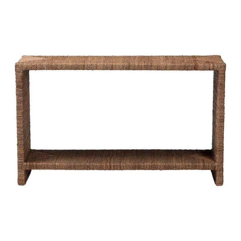 Console en herbe marine naturelle et bois d'acacia de style bohème, étagère ouverte, fabriquée à la main, fabriquée en Indonésie