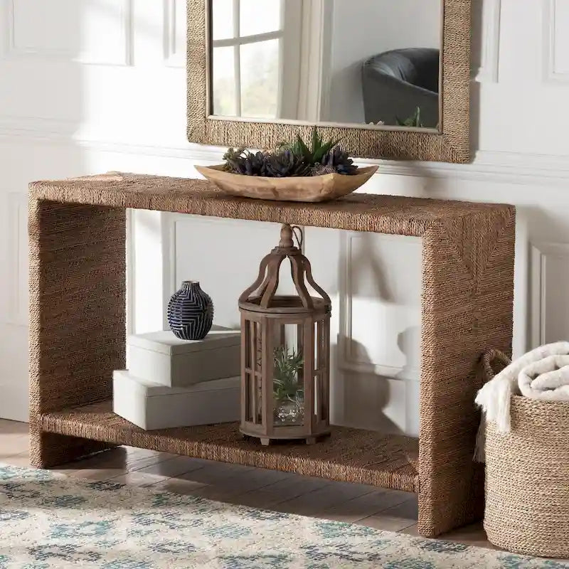 Console en herbe marine naturelle et bois d'acacia de style bohème, étagère ouverte, fabriquée à la main, fabriquée en Indonésie