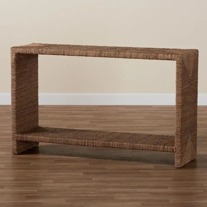Console en herbe marine naturelle et bois d'acacia de style bohème, étagère ouverte, fabriquée à la main, fabriquée en Indonésie