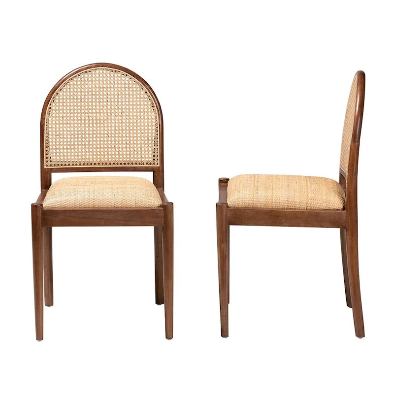 Ensemble de 2 chaises de salle à manger modernes bohèmes en rotin naturel et bois d'acacia, assise rembourrée en mousse, Indonésie