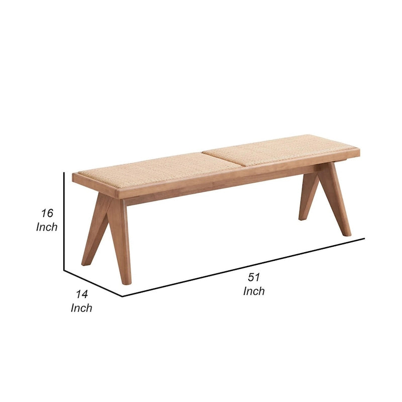 Banc de salle à manger 51", assise en rotin tressé de style transitoire, bois brun naturel, pieds inclinés en V