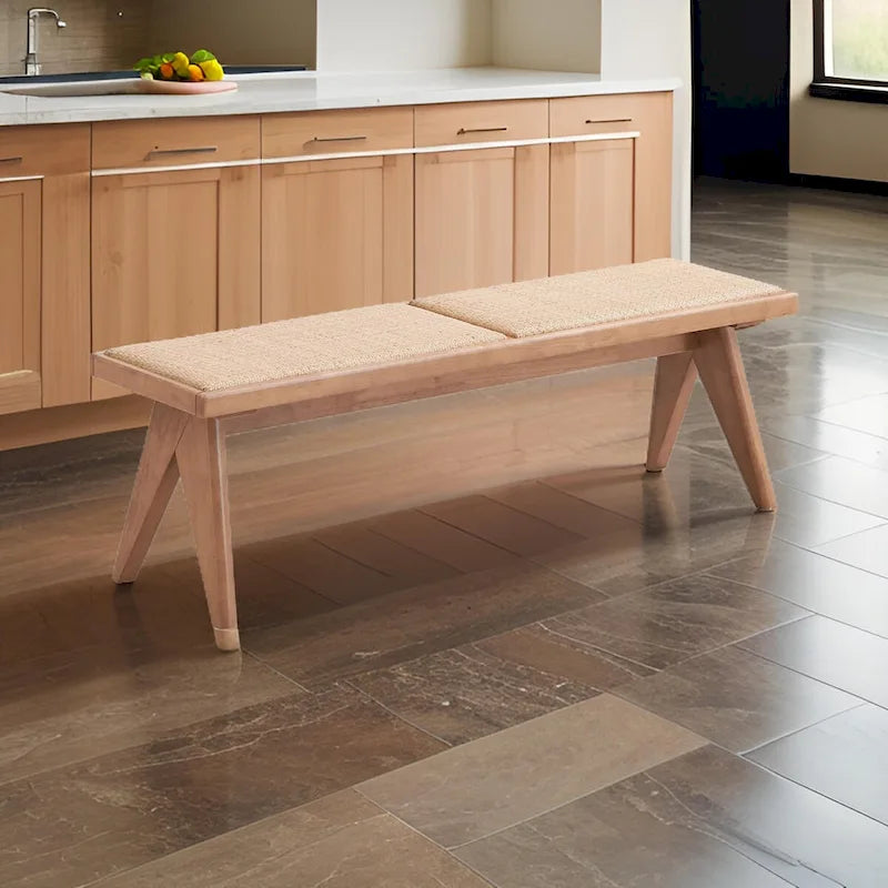 Banc de salle à manger 51", assise en rotin tressé de style transitoire, bois brun naturel, pieds inclinés en V