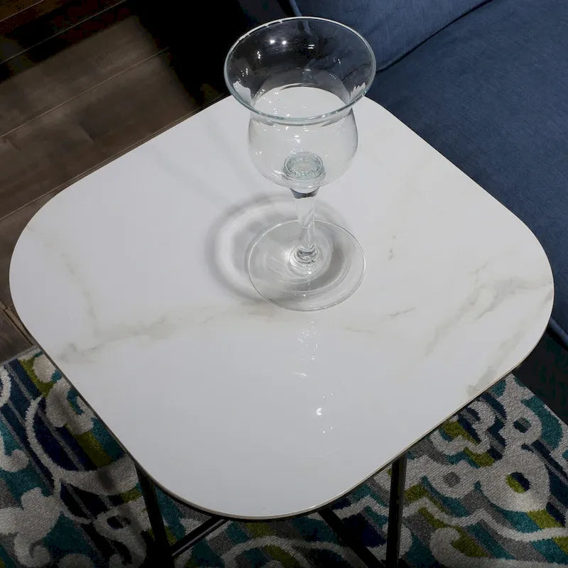 Ensemble de 3 tables basses avec dessus en céramique blanche, table basse de salon de 120 x 58 cm avec tables d'appoint