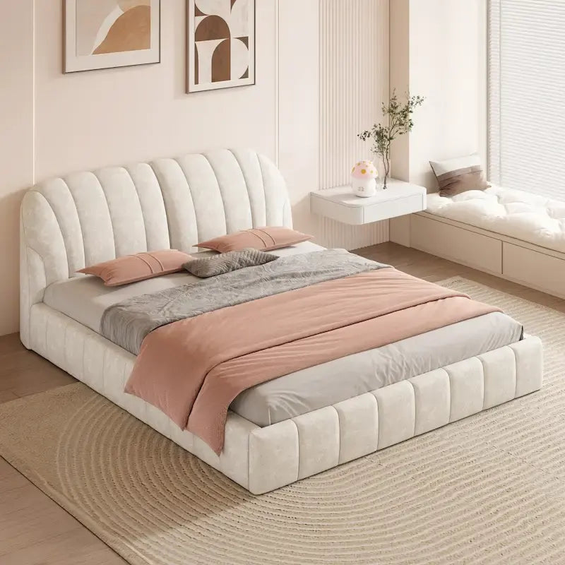 Lit rembourré plateforme Queen Size avec tête de lit en tissu épais