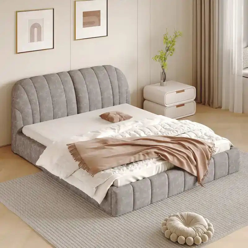 Lit rembourré plateforme Queen Size avec tête de lit en tissu épais