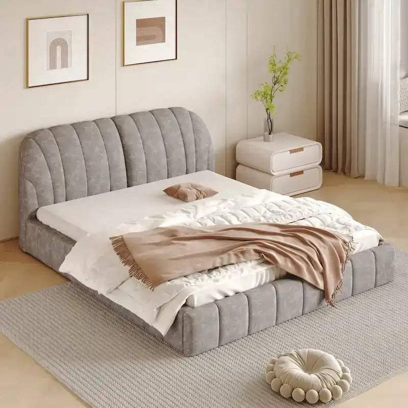 Lit rembourré plateforme Queen Size avec tête de lit en tissu épais